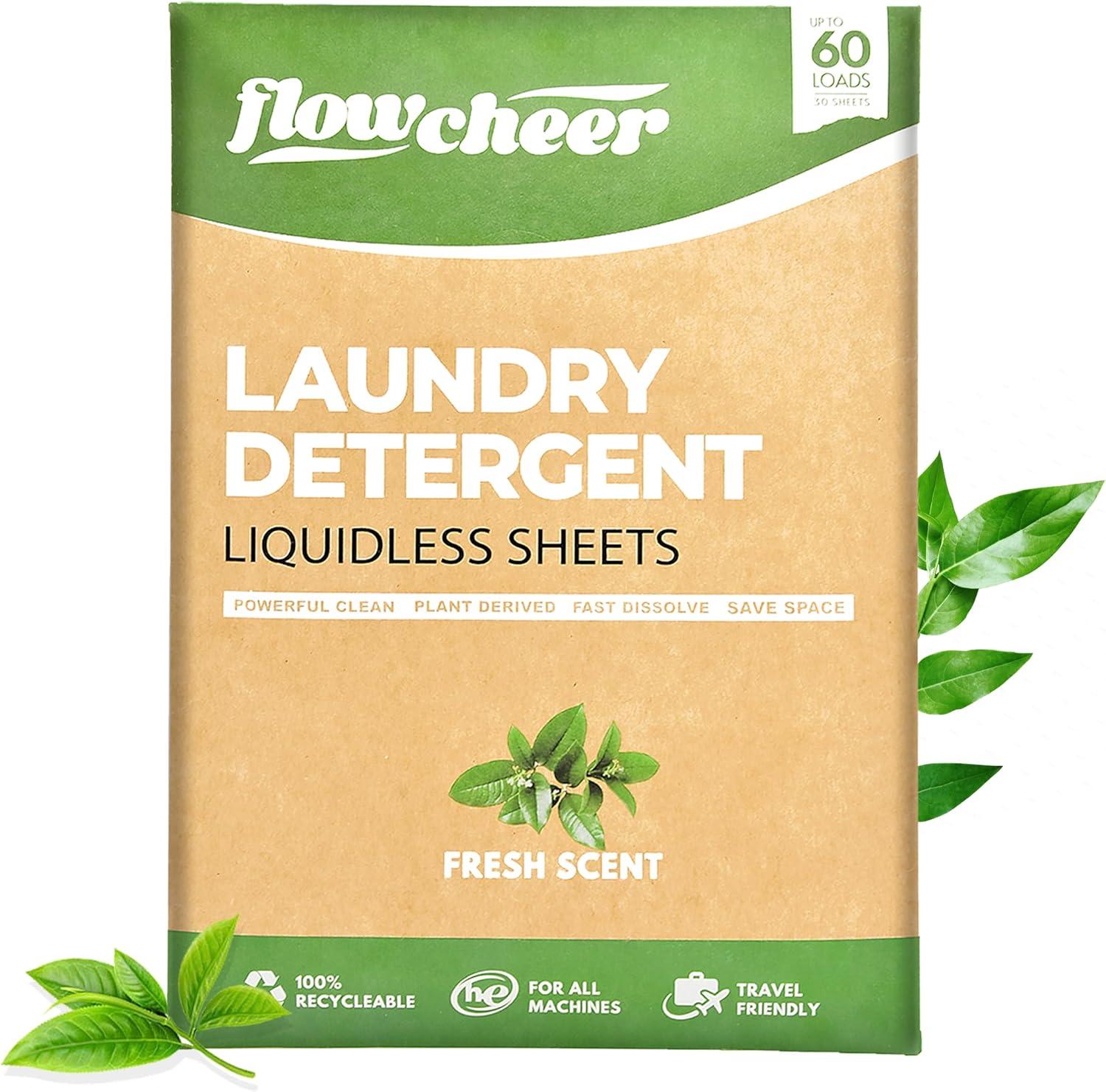 image:imageFlowCheer Laundry Detergent Sheets 10 Loads Fragrance Free PlasticFree Powerful Cleaning Liquidless Washer Sheets Travel Laundry Sheet Low WasteFresh