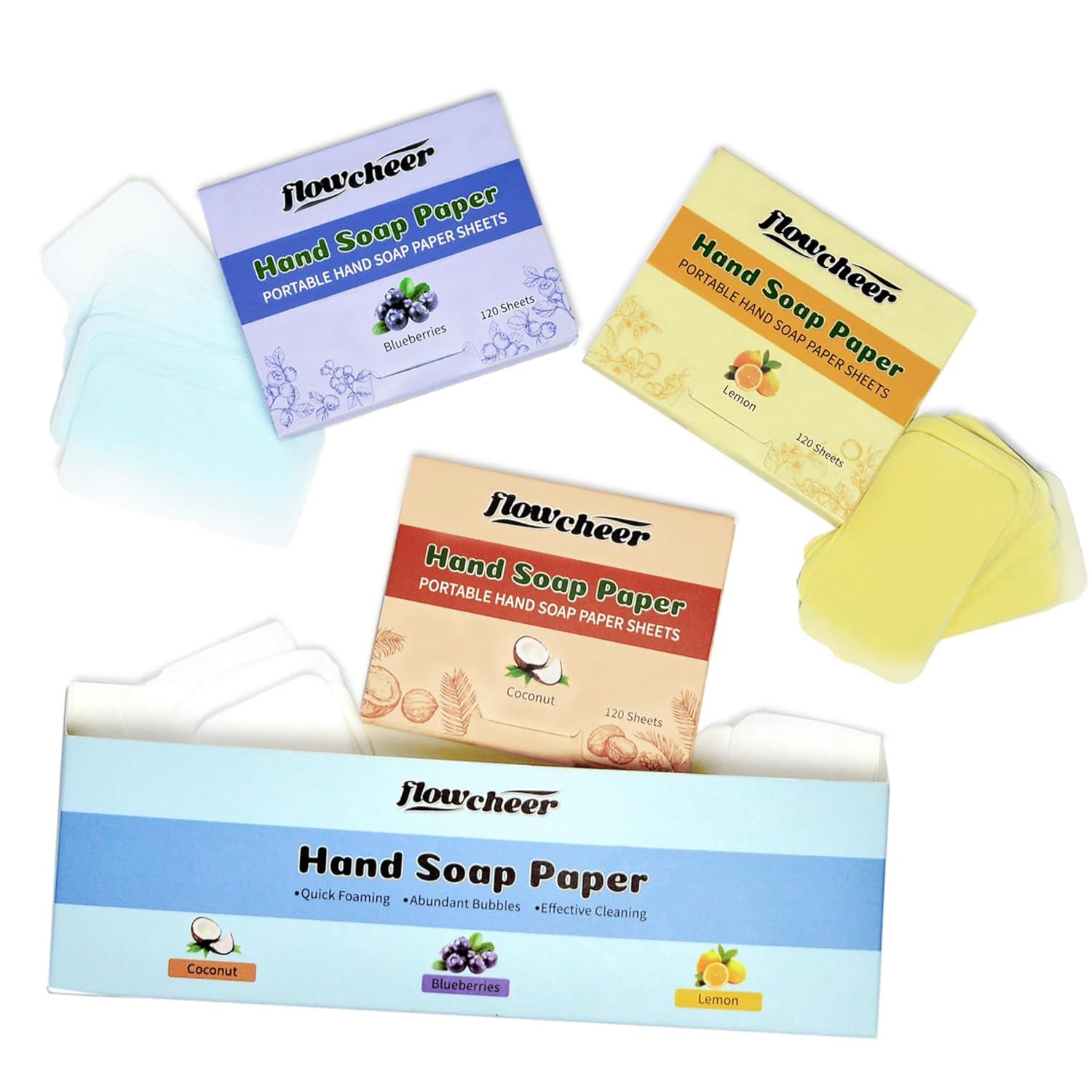 image:imageflowcheer Paper Soap Sheets 360 Pcs Lemon Coconut Blueberry Scents Portable Travel Soap Sheets Eco Dissolvable for Camping Travel Hiking Outdoor amp OntheGo Hand WashingVariety