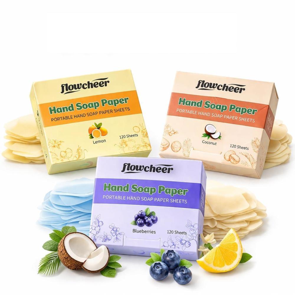 image:imageflowcheer Paper Soap Sheets 360 Pcs Lemon Coconut Blueberry Scents Portable Travel Soap Sheets Eco Dissolvable for Camping Travel Hiking Outdoor amp OntheGo Hand WashingVariety